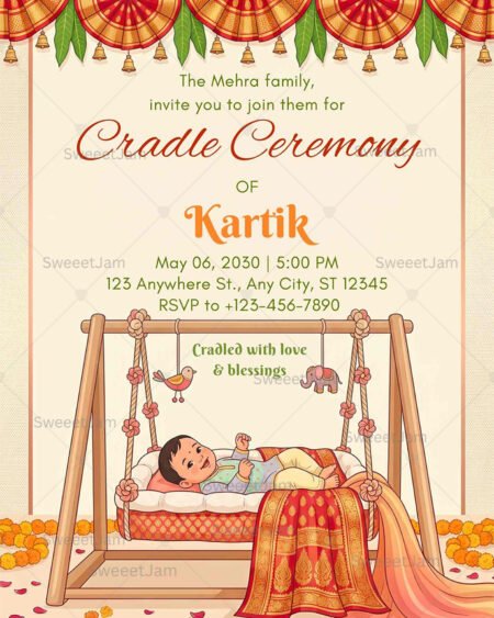 Traditional Indian cradle ceremony invitation with wooden baby cradle, festive drapes, bells, floral decorations, and editable digital invite design