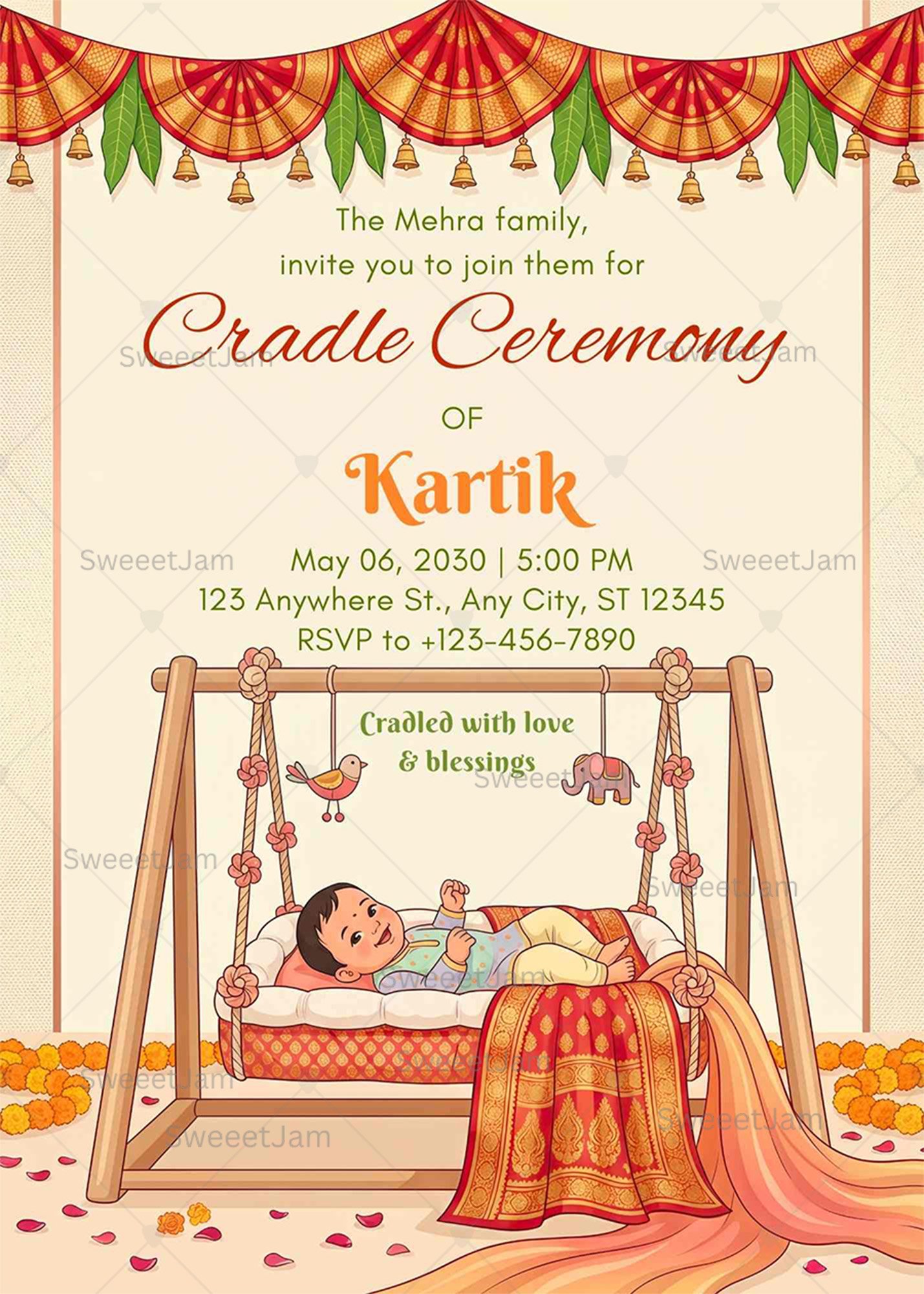 Traditional Indian cradle ceremony invitation with wooden baby cradle, festive drapes, bells, floral decorations, and editable digital invite design