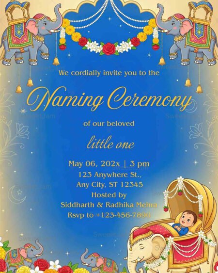 Indian naming ceremony invitation with royal elephants, floral garlands, blue background, baby cradle illustration, and editable digital invite design