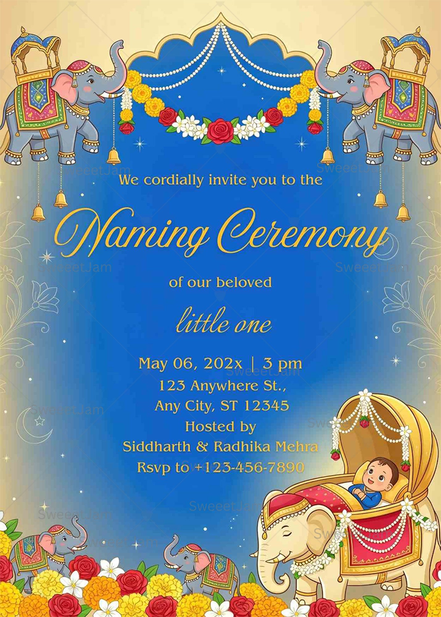 Indian naming ceremony invitation with royal elephants, floral garlands, blue background, baby cradle illustration, and editable digital invite design