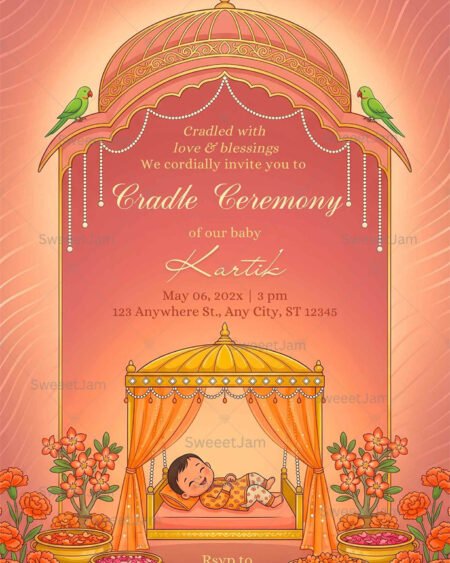 Indian cradle ceremony invitation with traditional canopy cradle, baby illustration, floral decorations, peach and gold color palette, editable digital invite