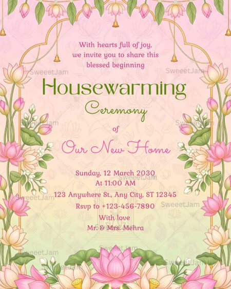 Lotus-themed housewarming ceremony invitation with traditional Indian floral design