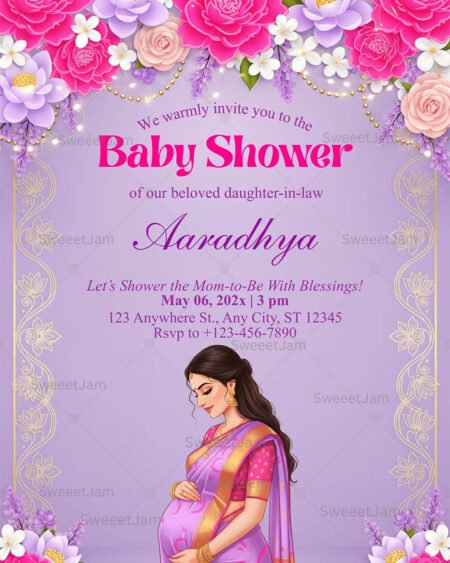 Editable baby shower invitation with pink floral frame, pastel lavender background, and elegant Indian maternity illustration