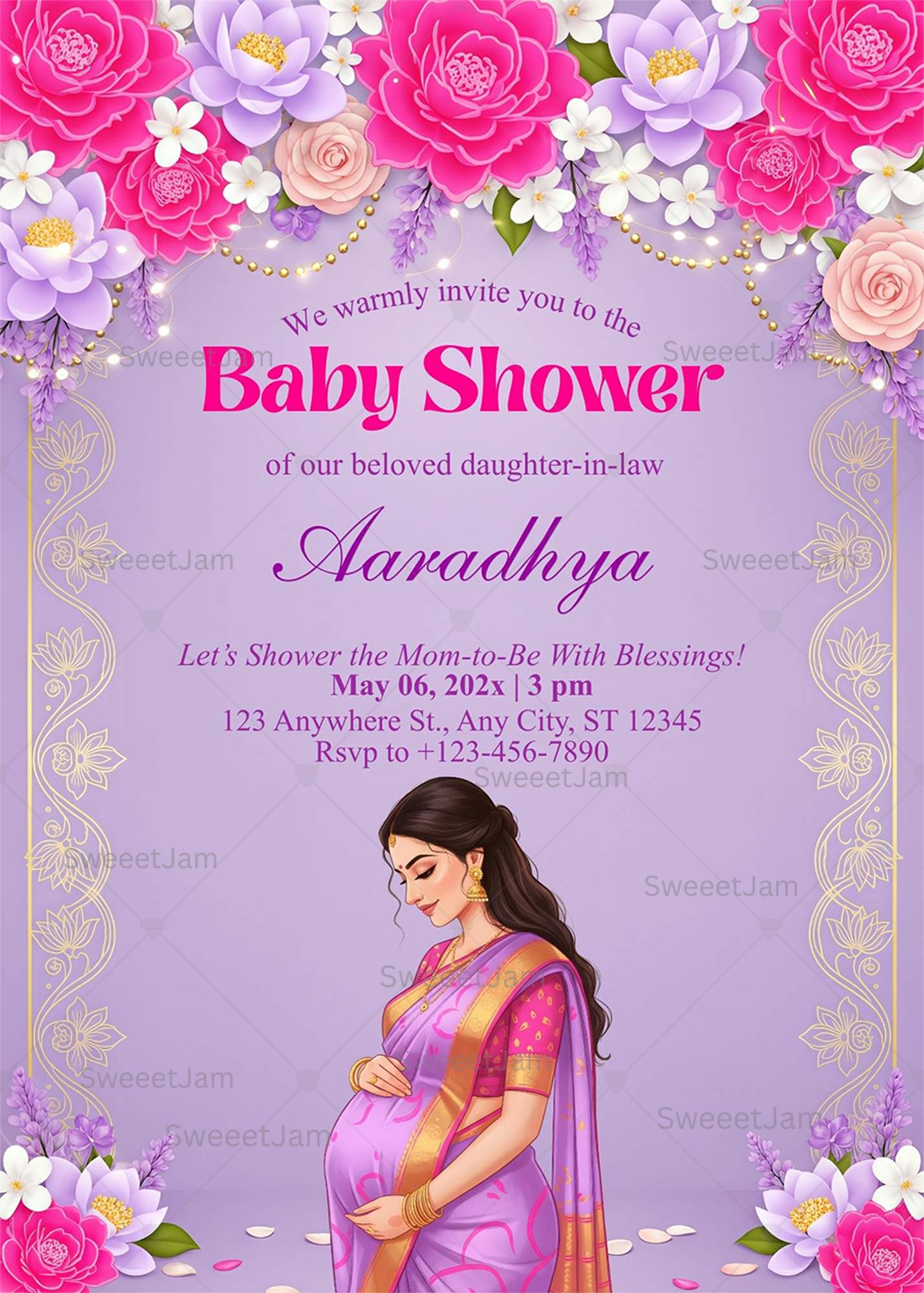 Editable baby shower invitation with pink floral frame, pastel lavender background, and elegant Indian maternity illustration