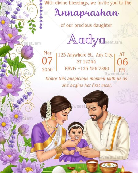 Traditional Indian Annaprashan invitation featuring parents feeding baby during rice feeding ceremony with floral lotus design