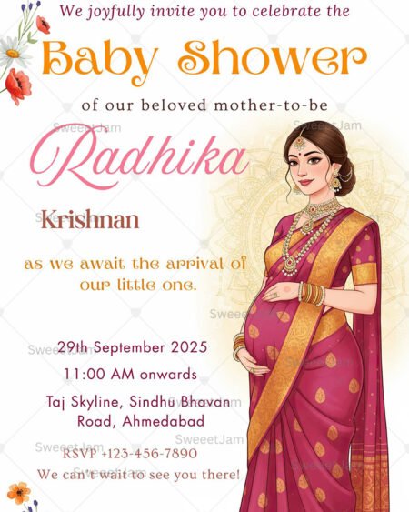 Traditional Indian Baby Shower invitation featuring mother-to-be in saree, editable Canva template 5x7 portrait format