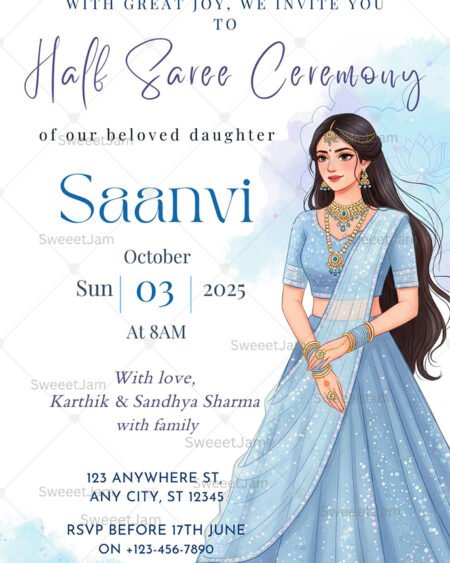 Editable Half Saree Ceremony invitation template featuring traditional girl illustration in blue saree, 5x7 portrait Canva design