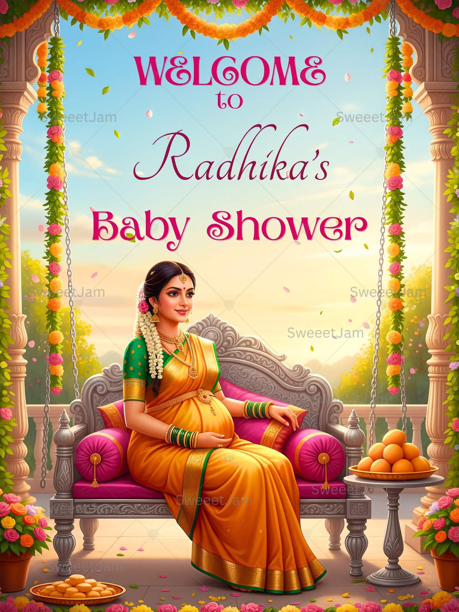 Editable baby shower welcome sign with Indian mom-to-be illustration, floral swing decor, marigold garlands, and festive veranda setting