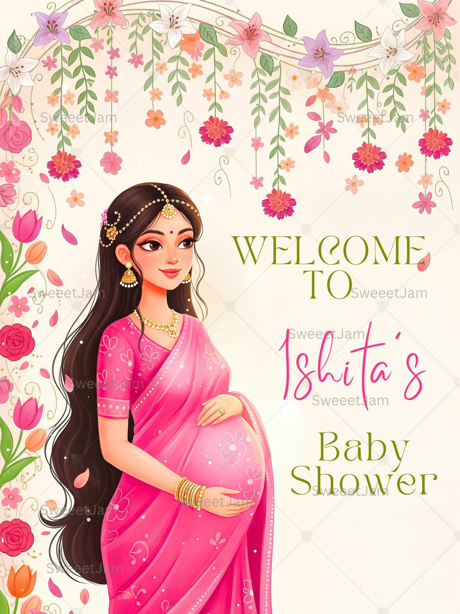 Editable baby shower welcome sign with Indian mom-to-be illustration, pink saree, cascading floral garlands, and soft pastel background