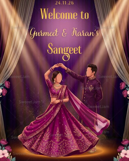 Indian wedding Sangeet welcome sign with a dancing couple on a stage and elegant purple backdrop