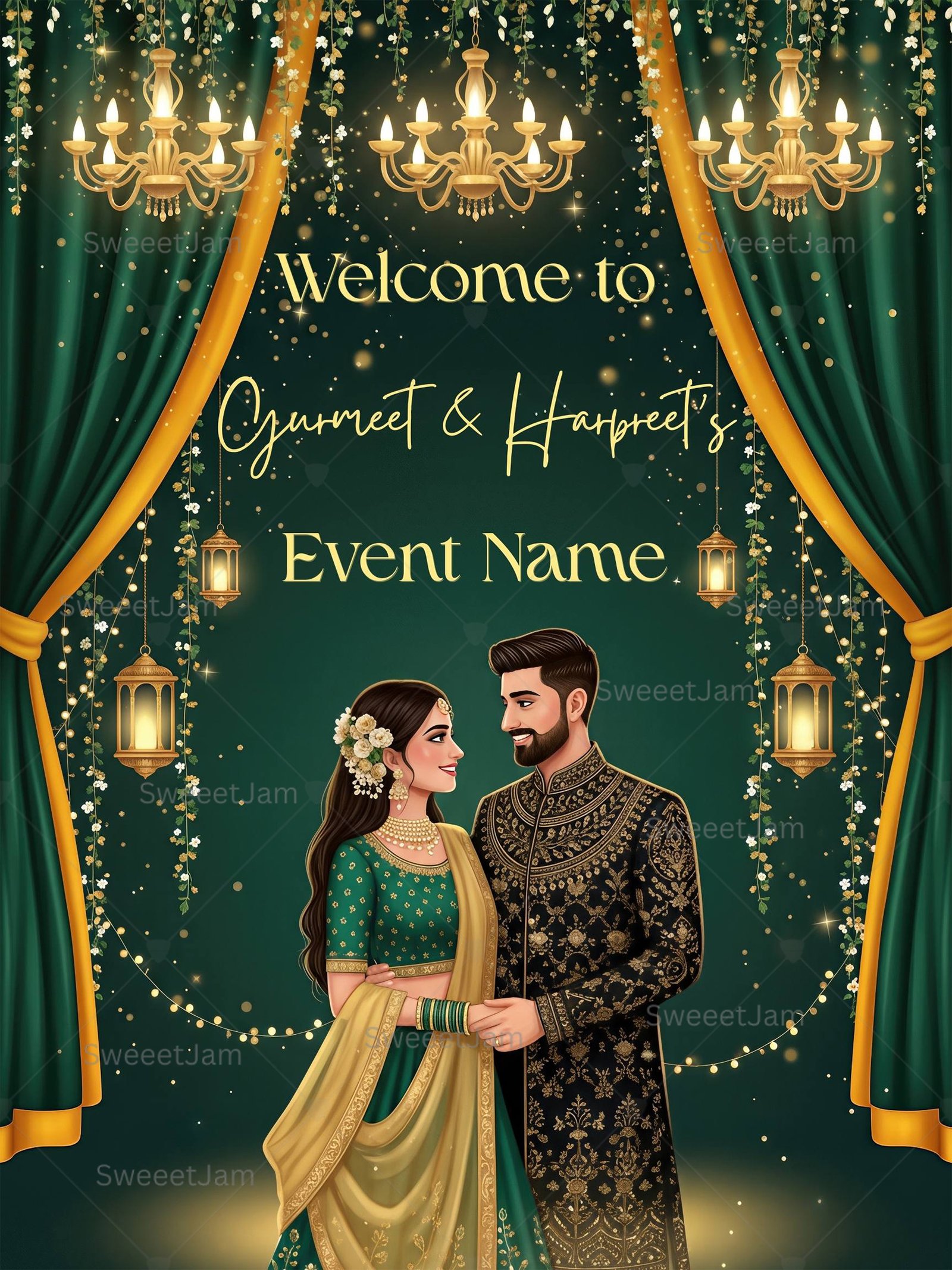 Elegant Sangeet welcome sign with illustrated Indian couple, green drapes, chandeliers, and gold wedding décor