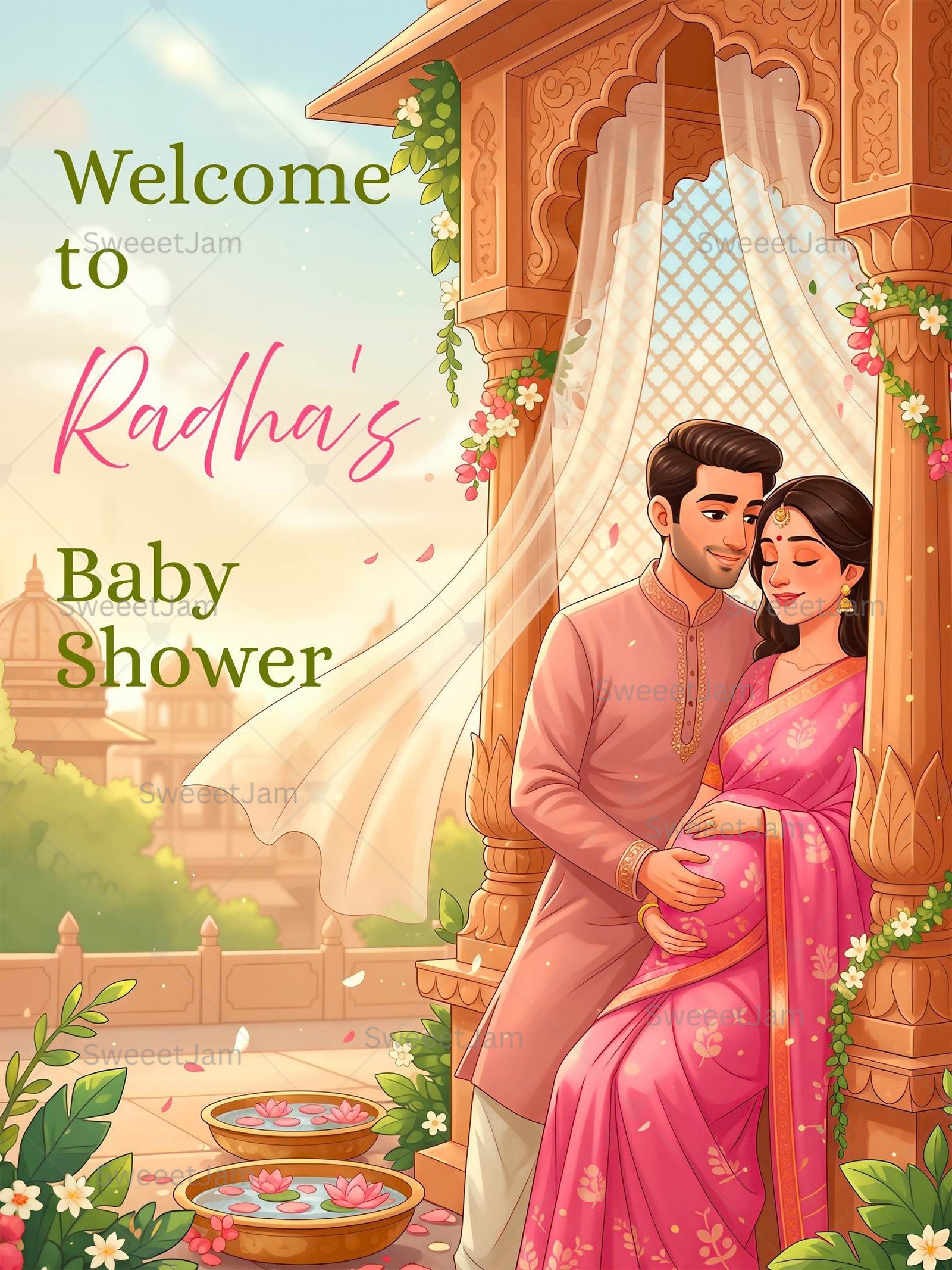 Traditional Indian baby shower welcome sign featuring pregnant couple under ornate pavilion with floral décor