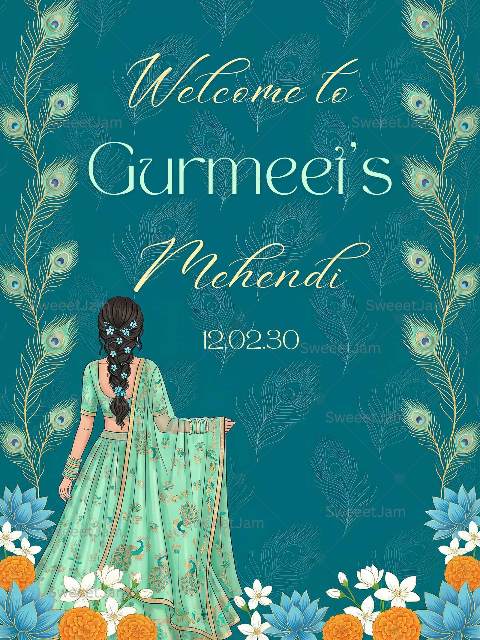 Peacock-themed mehendi ceremony welcome sign with traditional Indian bridal illustration
