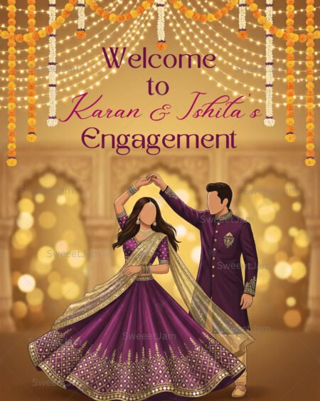 Indian engagement welcome sign with marigold garlands, fairy lights, and elegant dancing couple illustration