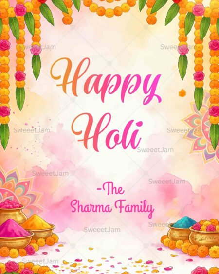 Happy Holi welcome sign with marigold garlands, colorful gulal bowls, floral rangoli elements, Indian festival greeting poster design