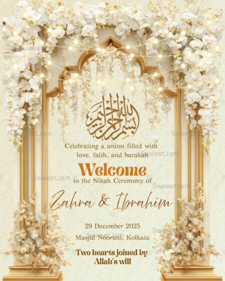 Elegant Nikah welcome sign with Arabic calligraphy and floral arch for Muslim wedding ceremony