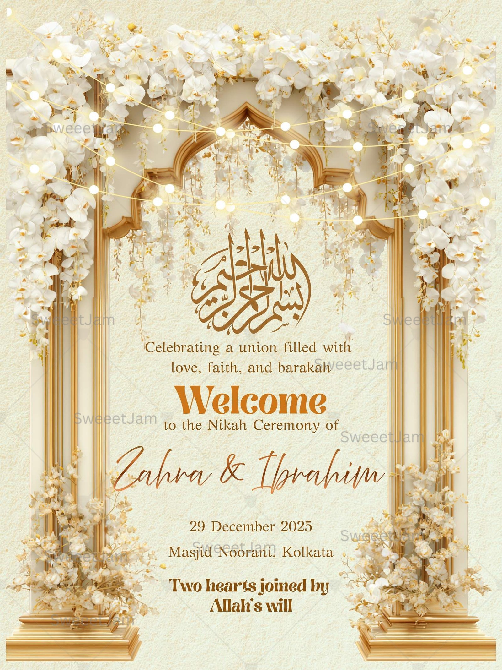 Elegant Nikah welcome sign with Arabic calligraphy and floral arch for Muslim wedding ceremony