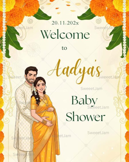 Editable baby shower welcome sign with traditional Indian couple illustration, marigold flowers, banana leaves, and festive decor