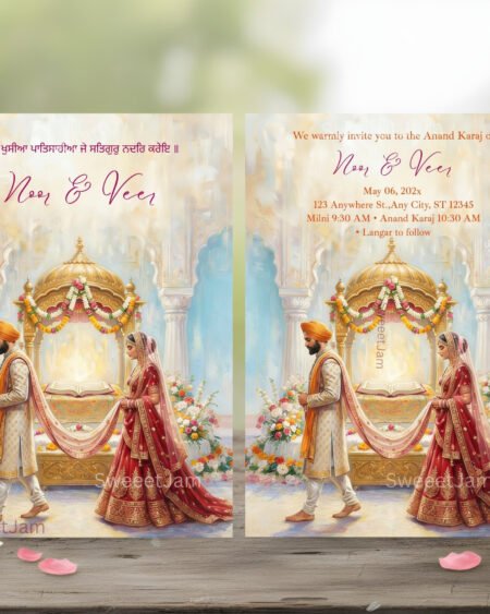 This invitation features a hand-painted style illustration of an Anand Karaj ceremony set inside a Gurudwara. Soft watercolor tones, floral details, and traditional Sikh wedding attire create an elegant and timeless design.