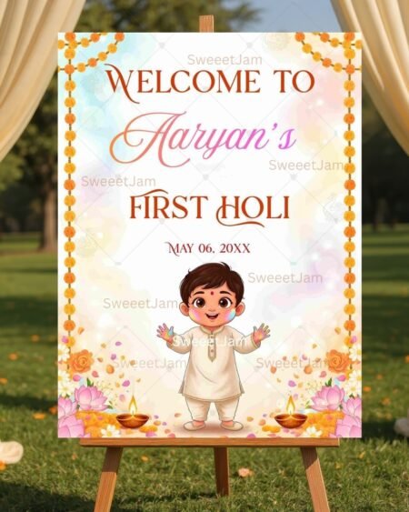 Editable first Holi welcome sign template baby boy traditional Indian celebration marigold garland printable instant download