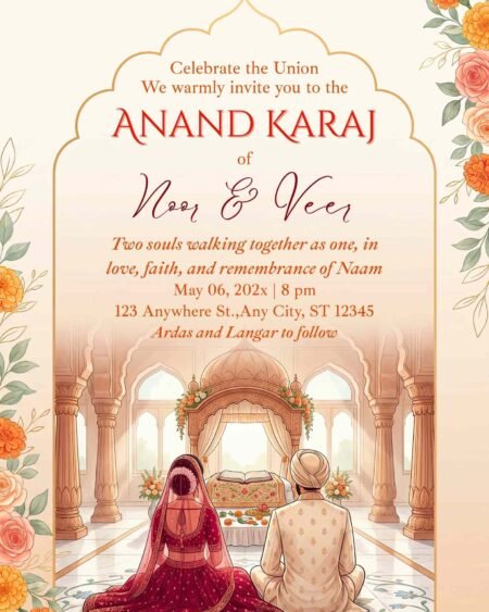 Elegant Anand Karaj wedding invitation featuring Sikh couple illustration, floral borders, and editable Canva template design