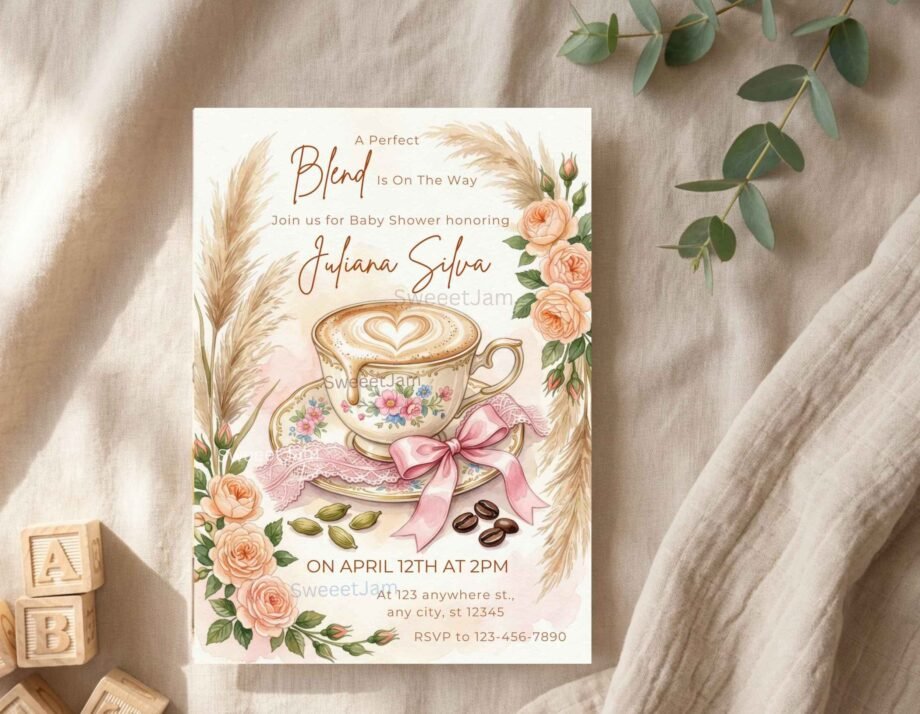 Soft watercolor roses, golden pampas grass, a heart-art latte, and a pretty pink bow — it's romantic, warm, and absolutely stunning as a digital invite.