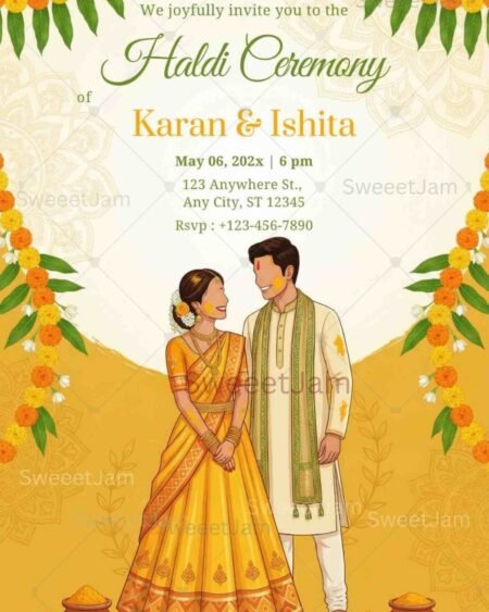 Celebrate the joy and vibrant traditions of your pre-wedding festivities with this Haldi Ceremony Invitation Template. Featuring a beautifully illustrated faceless couple in traditional yellow and green attire, this design radiates happiness and cultural elegance.