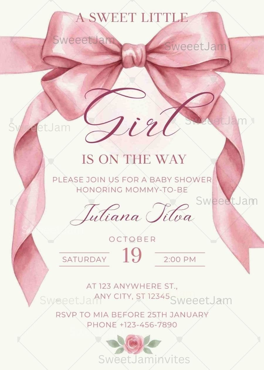 pink bow ribbon baby shower invite template