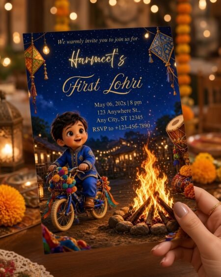 First Lohri Invitation, Baby boy lohri Night party, Bonfire Celebration (Editable Canva Template)