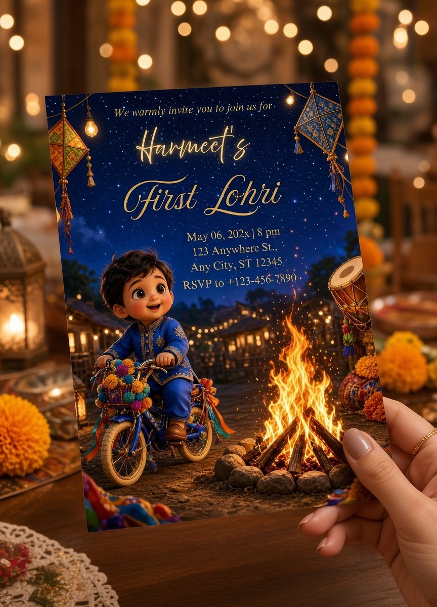 First Lohri Invitation, Baby boy lohri Night party, Bonfire Celebration (Editable Canva Template)